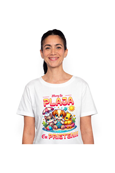 StoryGift Romania Tricou Femei cu Caine Pisica Si Ratusca Cu Colac Pe Plaja Cu Prietenii, Relaxare,White_S