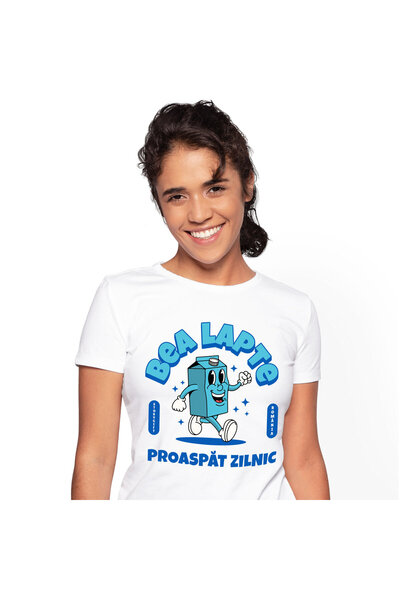 StoryGift Romania Tricou Femei cu Cutie Carton De Lapte Vesela Mergand, Anima...