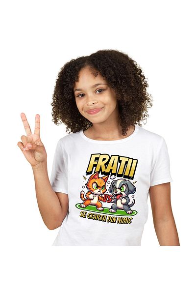 StoryGift Romania Tricou Copii cu Razboi Pisica Si Caine, Fratii, Lupta, Cearta, Animale Blanoase ,White_12ANI