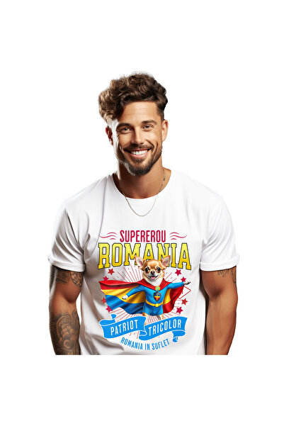 StoryGift Romania Men's T-Shirt with Chihuahua Dog in Captain Romania Costume with Cape, Hero, White_S