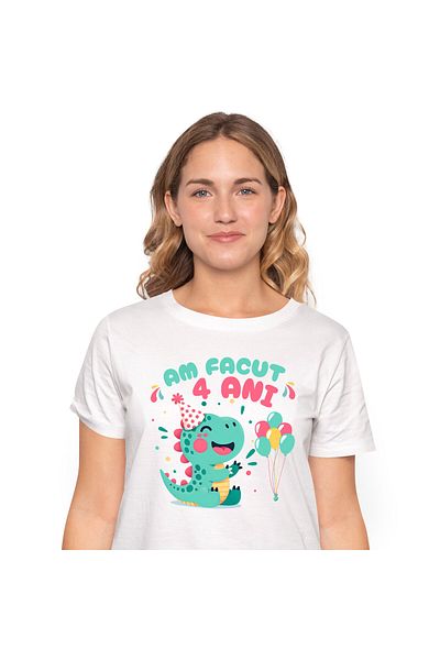 StoryGift Romania Tricou Femei cu Dinozaur Cu Coif Petrecere Si Baloane, Zi Aniversara, Copii, Pet,White_XL