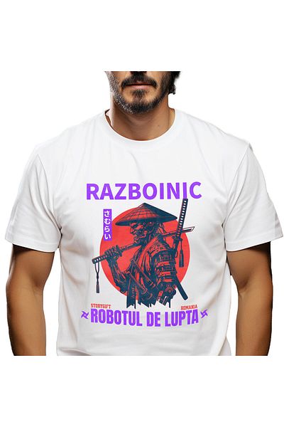 StoryGift Romania Tricou Barbati cu Portret Profil Razboi Robot Cu Palarie Stil Samurai Ninja cu i,White_L