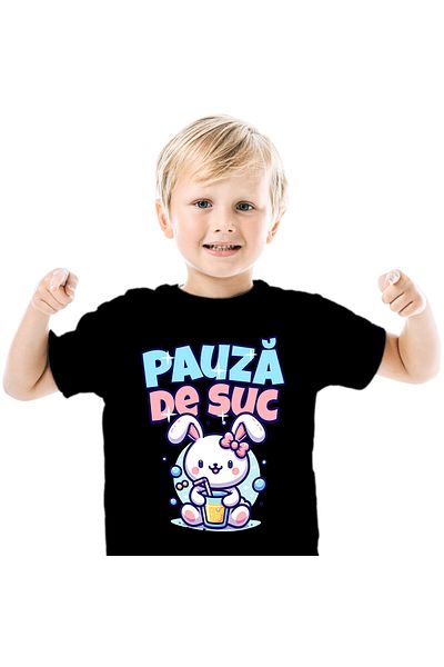 StoryGift Romania Children's T-shirt with Pink Rabbit with Bow and Glass of Natural Orange Juice, Drinking, Black_8ANI
