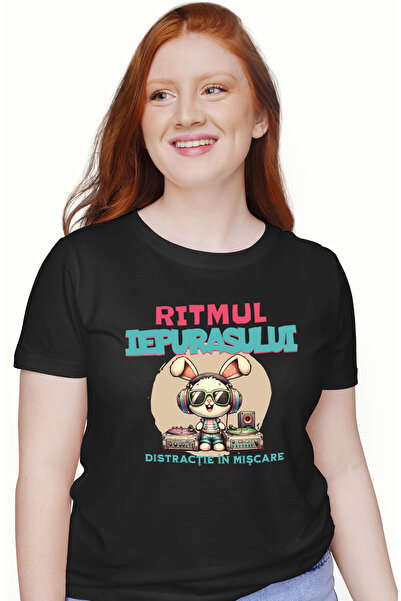 StoryGift Romania Tricou Femei Ritmul iepurasului party dj petrecere distractie cu imprimeu pe Fat BLK_L