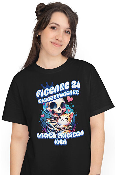 StoryGift Romania Tricou Femei Schelete si pisica fiecare zi binecuvantare BFF cu imprimeu pe Fata BLK_M