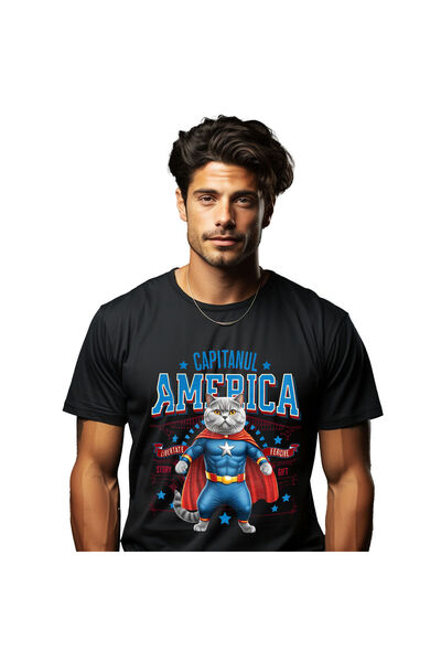 StoryGift Romania Men's T-Shirt with Siamese Cat in Captain America Costume with Capes,Black_S