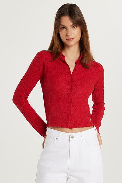 Tudors Women's Slim Fit Slim Fit Long Sleeve Textured Red Shirt