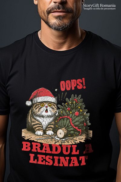 StoryGift Romania Tricou Barbati cu Pisica Grasa Cu Caciula Mos craciun, Bradul Cazut, Daramat, An,Black_XS