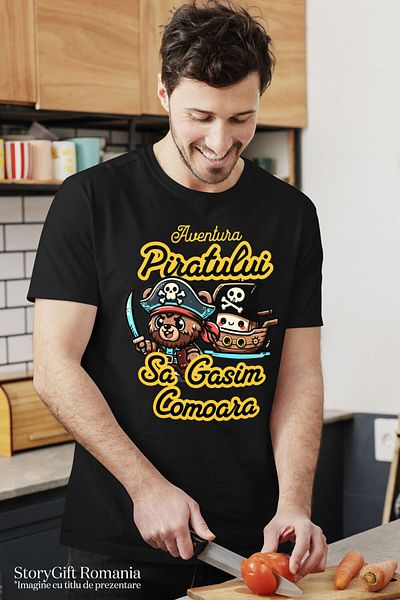 StoryGift Romania Tricou Barbati cu Urs Cu Palarie De Pirat Craniu Sabie Ascutita Corabie Comoara ,Black_M