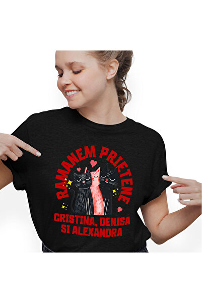 StoryGift Romania Tricou Femei cu Trei Pisici Portret Doua negre Una Roz Iubi...