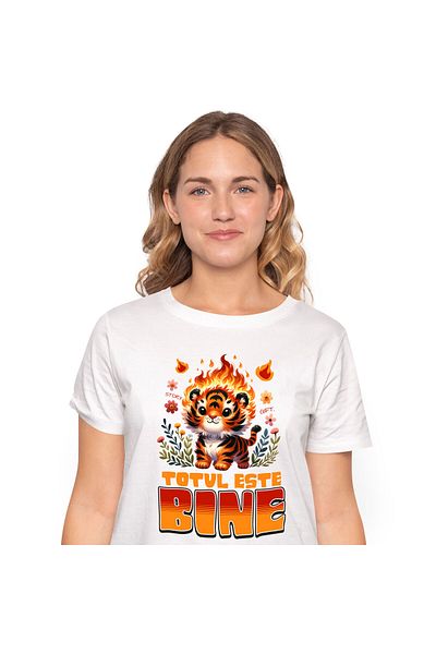 StoryGift Romania Women's T-shirt with Tiger Cub Animated in Flames in Nature Colorful Flowers Cartoons,White_S