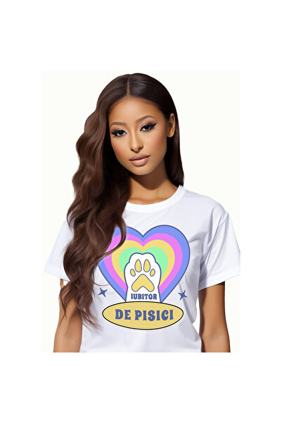 StoryGift Romania Tricou Femei cu Labuta De Pisica Alba Inima Multicolor, Iub...