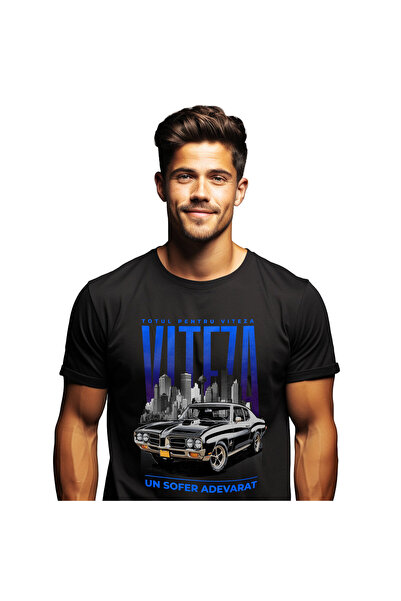 StoryGift Romania Tricou Barbati cu Masina neagra Vintige Cladiri Inalte Oras...