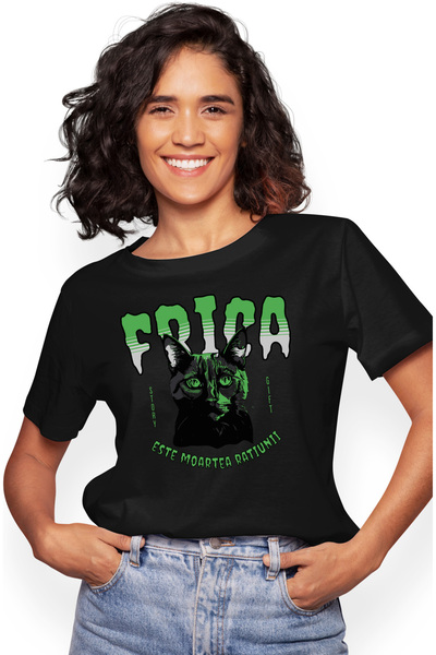 StoryGift Romania Tricou Femei Pisica horror, mesaj FRICA ESTE MOARTEA RATIUN...
