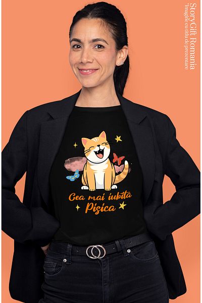StoryGift Romania Women's T-Shirt with Cheerful Orange Cat with Furry Animal Smile, Lovers of M,Black_M