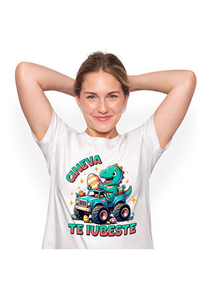 StoryGift Romania Tricou Femei cu Dinozaur Vesel In masina De Teren Oua De Pe...