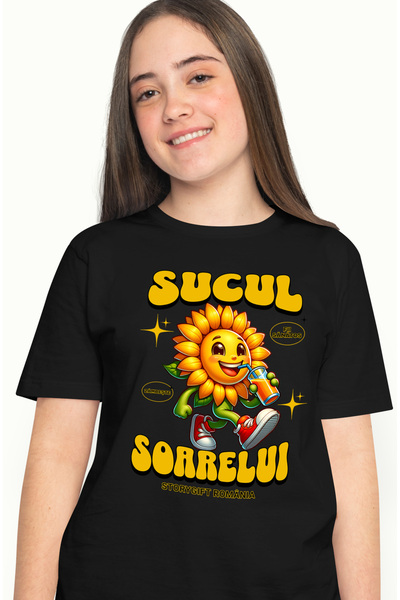 StoryGift Romania Tricou Femei Sucul soarelui! floarea soarelui natura cu imprimeu pe Fata, 100% BLK_XL