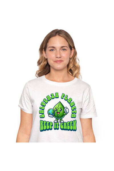 StoryGift Romania Tricou Femei cu Frunza Verde Vesela Glob Pamantesc In Mana, Poluare, Urbanizare ,White_XL