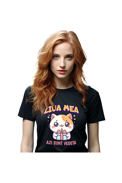 StoryGift Romania Tricou Femei cu Pisica Roz Cu Tort Cu Funda Si Lumanare Ved...