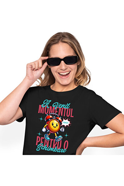 StoryGift Romania Tricou Femei cu Ceas Mecanic Galben Zambitor A Venit momentul Pentru O schimbare,Black_S