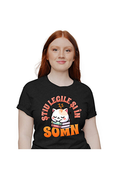 StoryGift Romania Tricou Femei cu pisica somnoroasa dormind Pe Teanc De Carti...