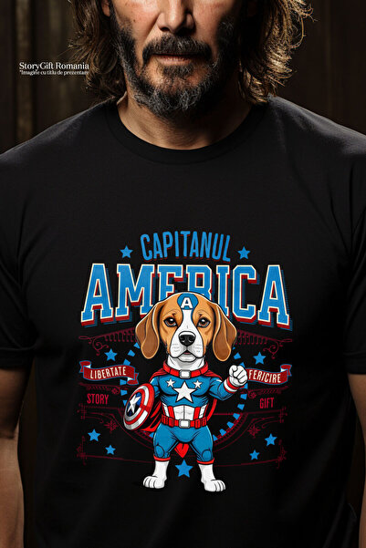 StoryGift Romania Men's T-shirt with boxer Dog in Captain America Costume with Cape, Hero of Night, Black_XL