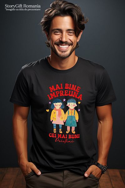 StoryGift Romania Tricou Barbati cu Portret Doi Copii Colorati, Cei Mai Buni Prieteni, Dragoste, c,Black_L