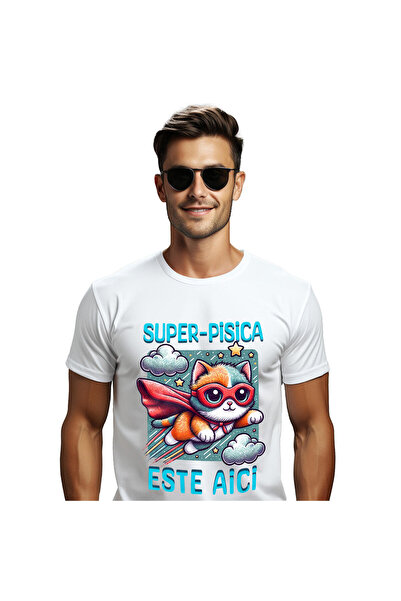 StoryGift Romania Tricou Barbati cu Pisica In Aer Cu Pelerina si Masca De Super-Erou, Desene Anima,White_XL