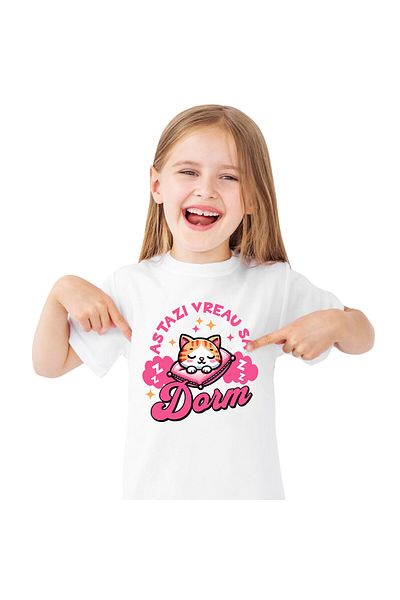 StoryGift Romania Kids T-Shirt with Orange Cat Sleeping on Pink Pillow, Sleep, Fluffy Animal with i,White_8ANI