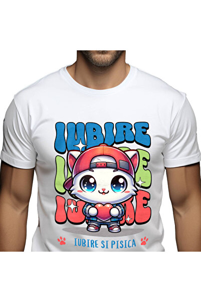 StoryGift Romania Tricou Barbati cu Pisica Alba Stil Gangster Cu Palarie Rosi...