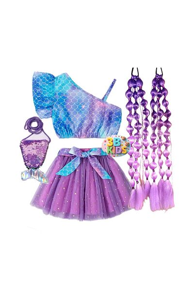 3b kids Mermaid Skirt Top Set Set + Purple Bubble Hair + Mermaid Bag Set Birthday Party