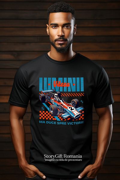 StoryGift Romania Men's T-Shirt with Racing Car with Driver Formula 1 Colorful Speed ​​of Light with ,Black_XL