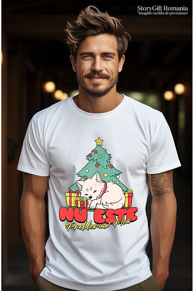 StoryGift Romania Men's T-Shirt with Dog Sleeping Next to Tree Colorful Gifts, Christmas, Family, I,White_XL