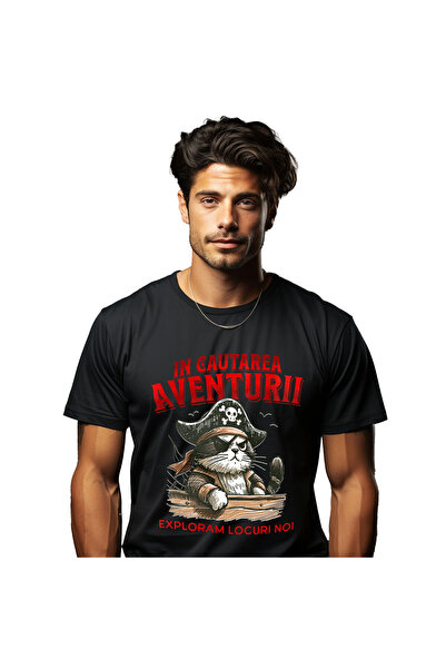 StoryGift Romania Tricou Barbati cu Pisica Cu Palarie De Pirat Si Corabie Exp...