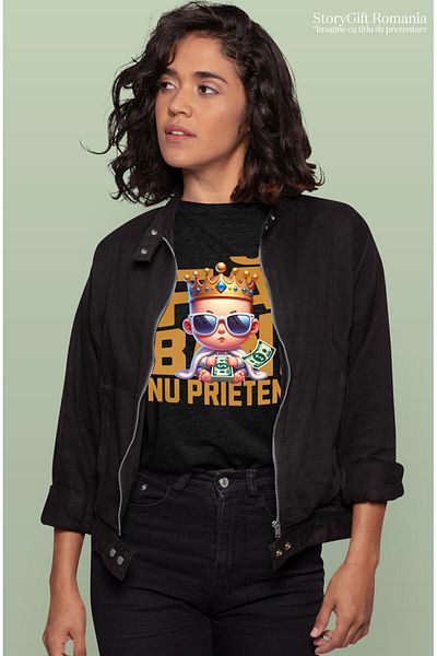 StoryGift Romania Tricou Femei cu Bebelus cu Teanc Bancnote bani, coroana si haina de blana, Milio,Black_S