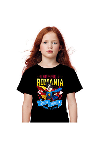 StoryGift Romania Tricou Copii cu Border Collie Caine In Costum de Capitan Ro...