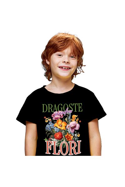 StoryGift Romania Tricou Copii cu Buchet De Flori Colorate,Natura Dragoste, cadou, Valentine's Day,Black_10ANI