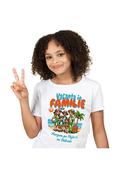 StoryGift Romania Tricou Copii cu Portret Familie In Vacanta Plaja Tropicala, Soare, relaxare cu i,White_6ANI