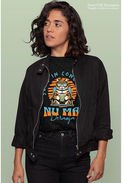 StoryGift Romania Women's T-Shirt with Orange Cat in Sunglasses on a Coconut Lounger,Black_L