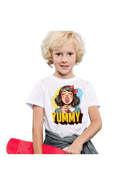 StoryGift Romania Tricou Copii cu Fata Bruneta cu Funda Si Acadea Rosie Yummy...