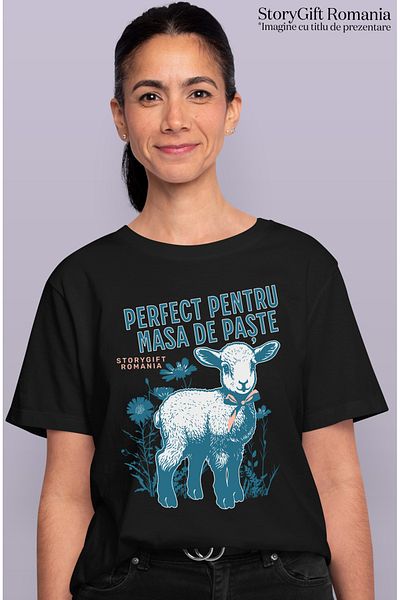 StoryGift Romania Tricou Femei perfect pentru masa de paste miel cu funda familie cu imprimeu pe F BLK_L