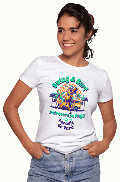 StoryGift Romania Tricou Femei Swing si Surf, Petrecere pe Plaja cuplu cu imp...