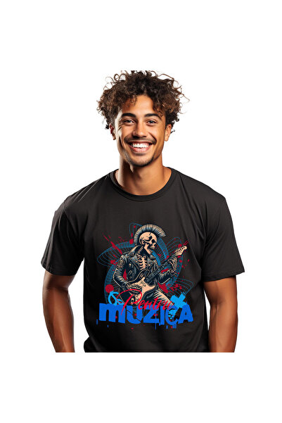 StoryGift Romania Tricou Barbati cu Schelete Uman Cu Geaca De Piele Si Chitara Electrica Muzica Ro,Black_L