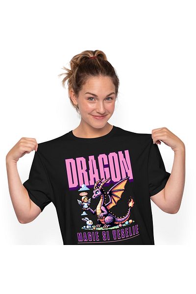StoryGift Romania Tricou Femei cu Dragon Mov Stil Animat Jocuri Video cu Inger si Iepure Magie si ,Black_L
