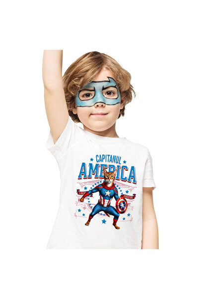 StoryGift Romania Children's T-shirt with Abyssinian / Abyssinian Cat in Captain America Costume with Pe,White_6ANI