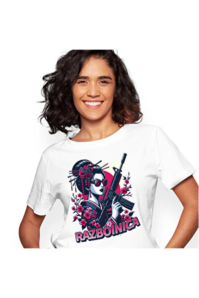 StoryGift Romania Tricou Femei cu Fata Asiatica Stil Mafiot Cu Mitraliera Flo...