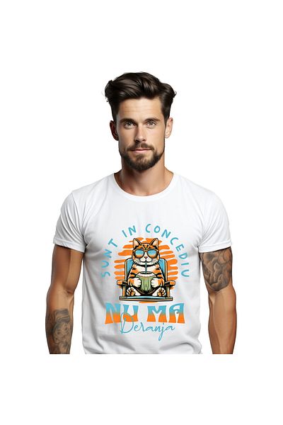 StoryGift Romania Men's T-Shirt with Orange Cat with Sunglasses on a Sunbed with Walnut,White_XS