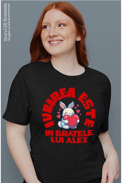 StoryGift Romania Tricou Femei cu Iepuras Cu Inima Rosie Indragostit, Animal Pufos, Paste, Valenti,Black_XS