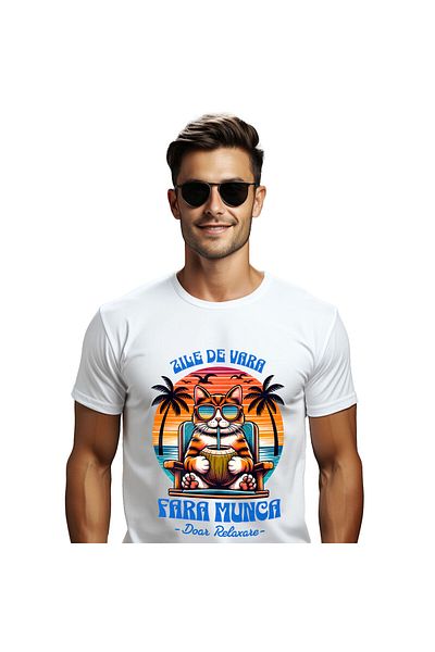 StoryGift Romania Men's T-Shirt with Orange Cat with Sunglasses on a Sunbed with Walnut, White_M