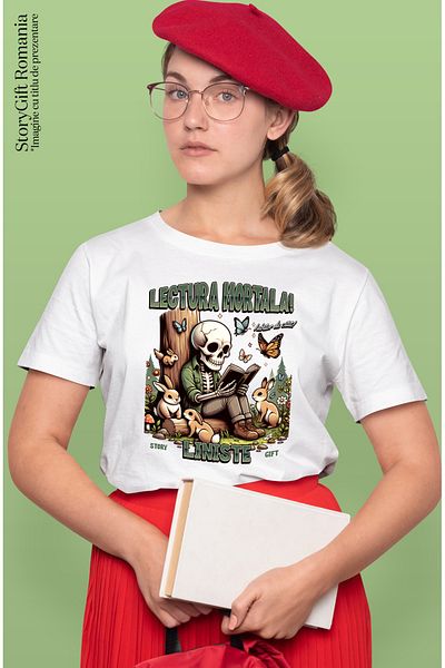 StoryGift Romania Tricou Femei Schelete cititnd lectura mortala iubitor de carti cu imprimeu pe Fa WHT_XS